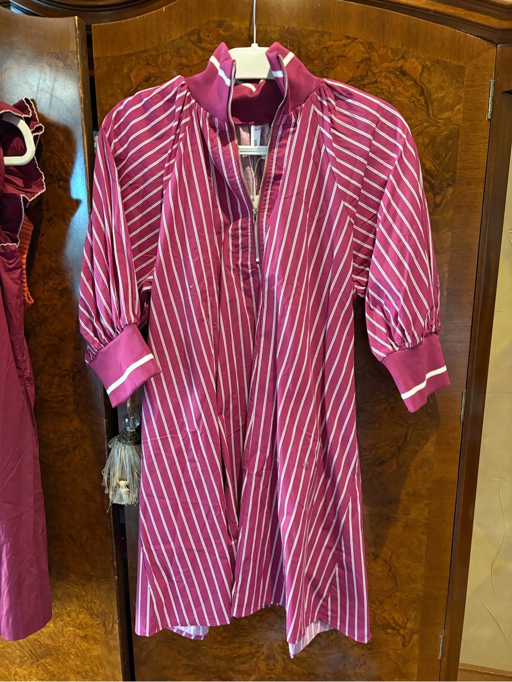 glam Burgundy/Deep Magenta Pink Striped Long-Sleeve Midi Dress, NMT